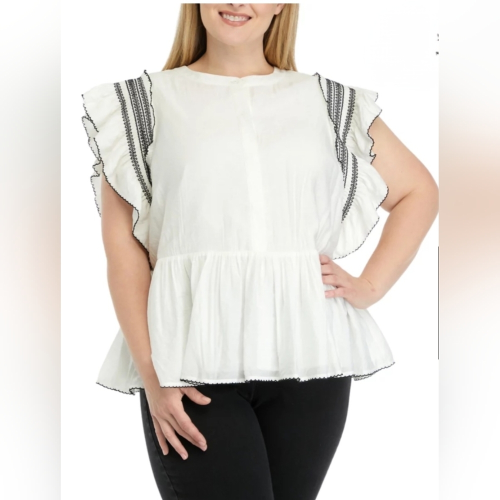 NWT English Factory White Peplum Blouse with Black Trim SZ 2X